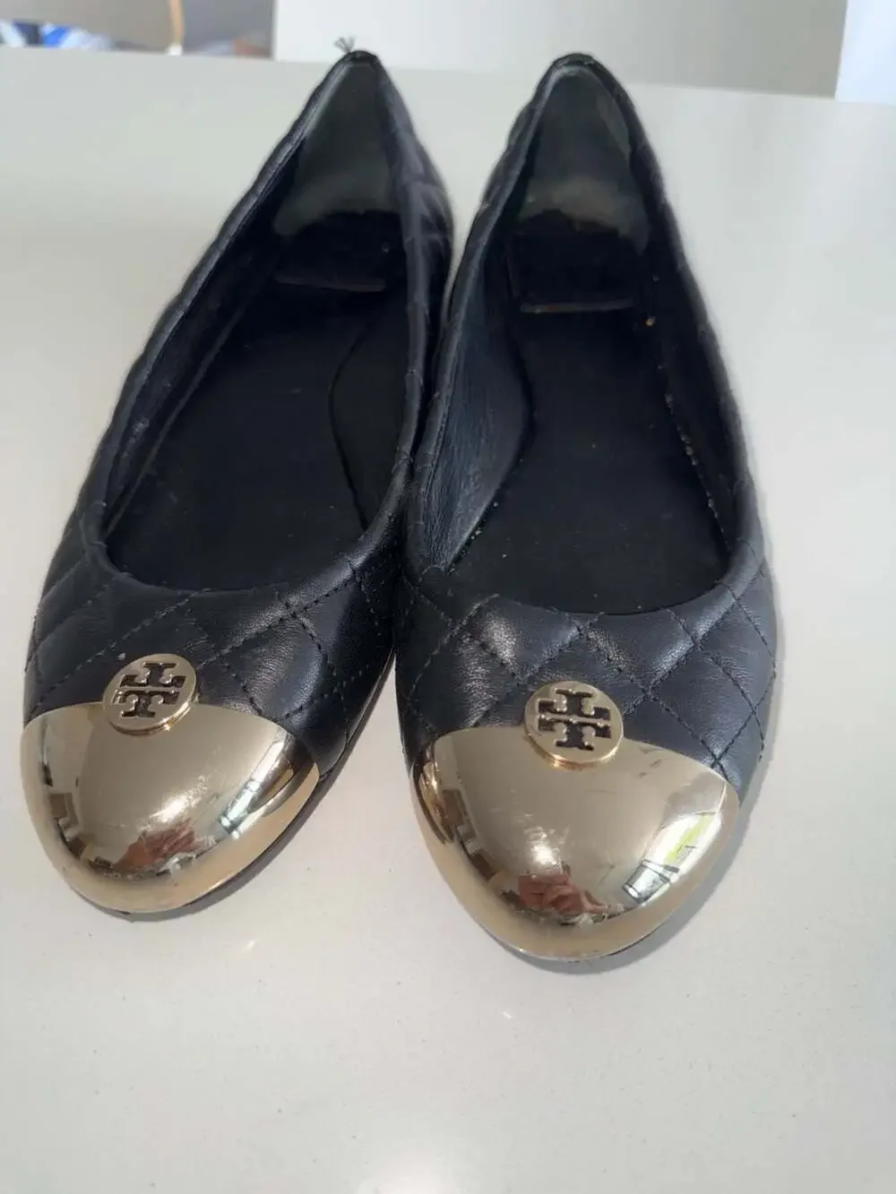 Tory Burch Black Quilted Leather Metal Toe Cap Ballet Flats Size 8M